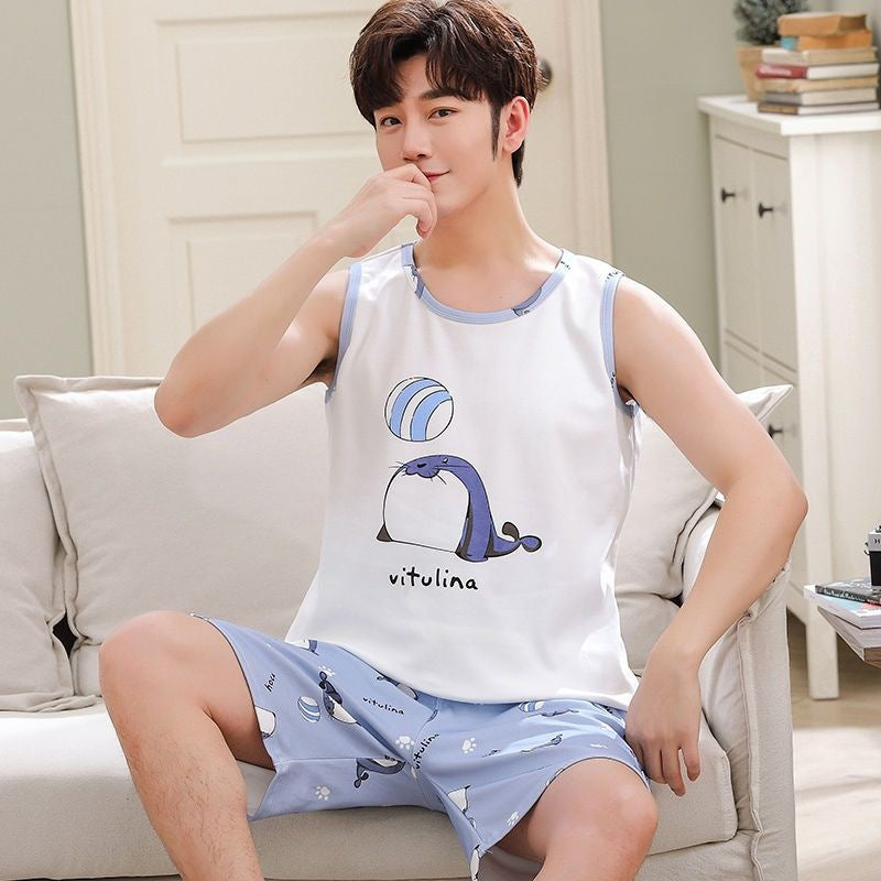 High-grade Cotton Sleeveless Pajamas Men’s Vest Shorts Suit - Vest Q1271 Small Seal / 2XL - Hat