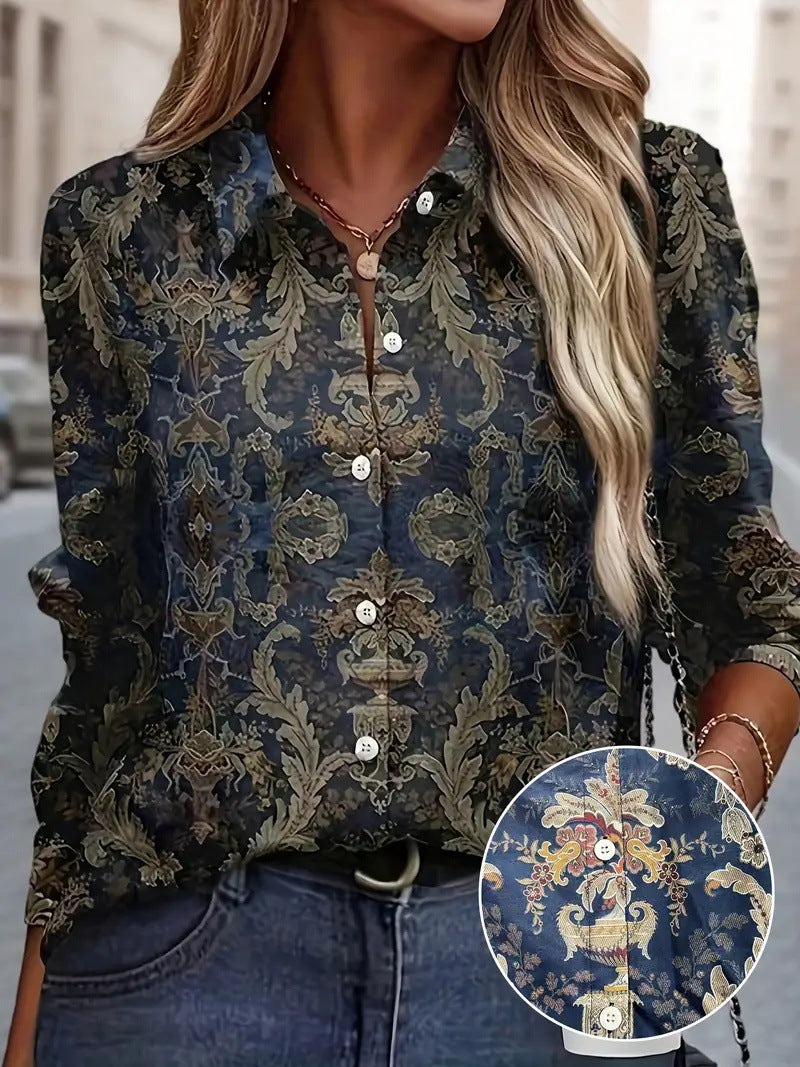 Women’s Color Matching Casual Loose Button Digital Printing Shirt - Style07 / 2XL - Hat