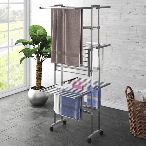 vidaXL 3-Tier Laundry Drying Rack with Wheels Silver 60x70x129 cm - 60 x 70 x 129 cm