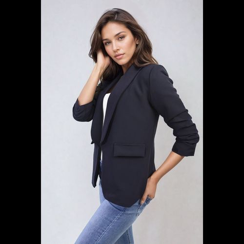 Ruched Sleeve Open Front Blazer Jacket with Front Pockets