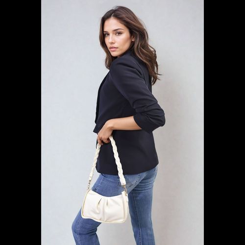 Ruched Sleeve Open Front Blazer Jacket with Front Pockets