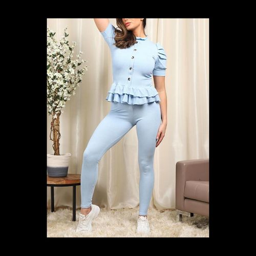 Short Sleeves Two Piece Suit with Ribbed Legging Co-Ord Top Gold Button Frill Hem Peplum Ribbed Lounge Set - DustyPink