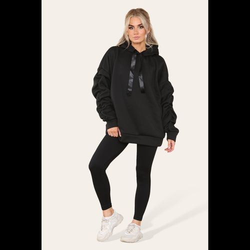 Oversized Ruched Sleeves Hoodie With Satin Ribbon with High Waist High Rise Seamless Ribbed Legging Set