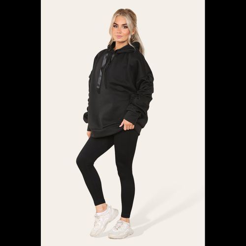 Oversized Ruched Sleeves Hoodie With Satin Ribbon with High Waist High Rise Seamless Ribbed Legging Set