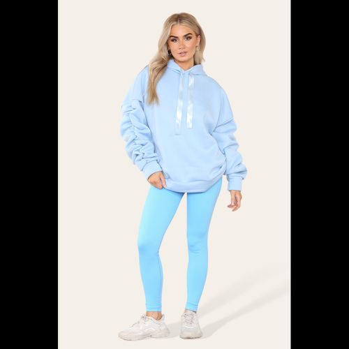 Oversized Ruched Sleeves Hoodie With Satin Ribbon with High Waist High Rise Seamless Ribbed Legging Set