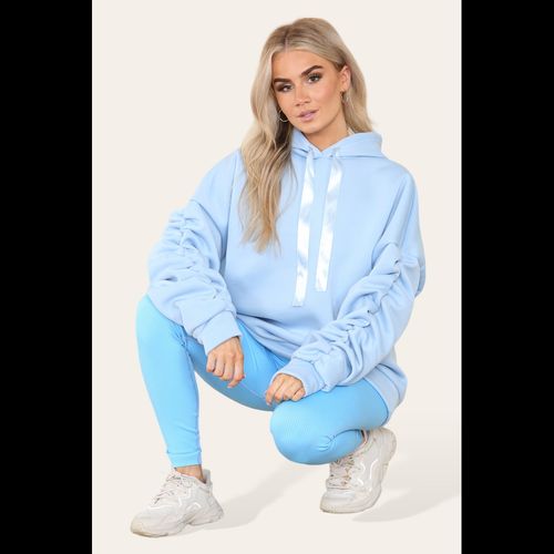 Oversized Ruched Sleeves Hoodie With Satin Ribbon with High Waist High Rise Seamless Ribbed Legging Set