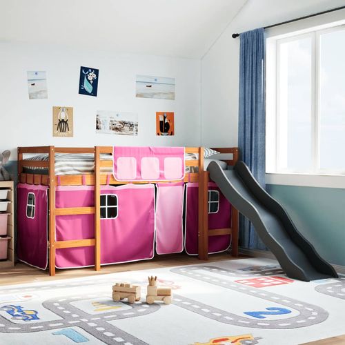 vidaXL Kids’ Loft Bed with Curtains White&Black 80x200 cm Solid Wood Pine - brown and pink / 80 x 200 cm