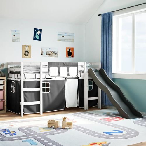 vidaXL Kids’ Loft Bed with Curtains White&Black 80x200 cm Solid Wood Pine - white and black / 80 x 200 cm