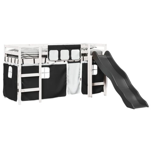 vidaXL Kids’ Loft Bed with Curtains White&Black 80x200 cm Solid Wood Pine