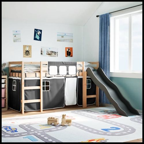 vidaXL Kids’ Loft Bed with Curtains White&Black 80x200 cm Solid Wood Pine