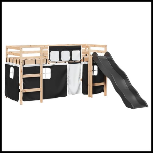vidaXL Kids’ Loft Bed with Curtains White&Black 80x200 cm Solid Wood Pine