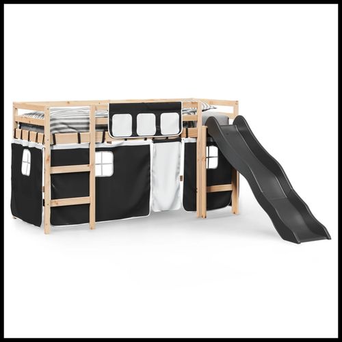vidaXL Kids’ Loft Bed with Curtains White&Black 80x200 cm Solid Wood Pine