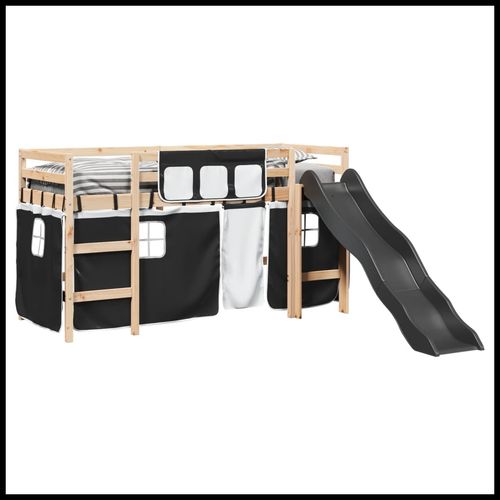 vidaXL Kids’ Loft Bed with Curtains White&Black 80x200 cm Solid Wood Pine