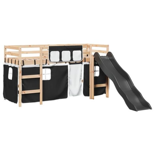 vidaXL Kids’ Loft Bed with Curtains White&Black 80x200 cm Solid Wood Pine