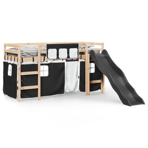 vidaXL Kids’ Loft Bed with Curtains White&Black 80x200 cm Solid Wood Pine