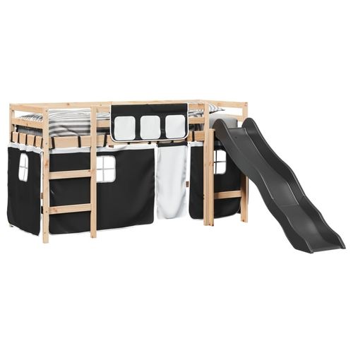 vidaXL Kids’ Loft Bed with Curtains White&Black 80x200 cm Solid Wood Pine