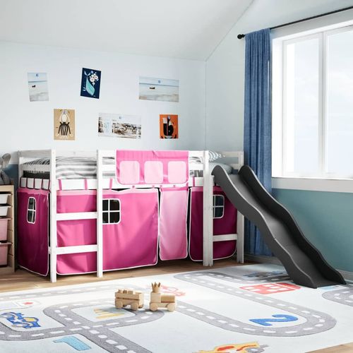 vidaXL Kids’ Loft Bed with Curtains White&Black 80x200 cm Solid Wood Pine - white and pink / 90 x 200 cm