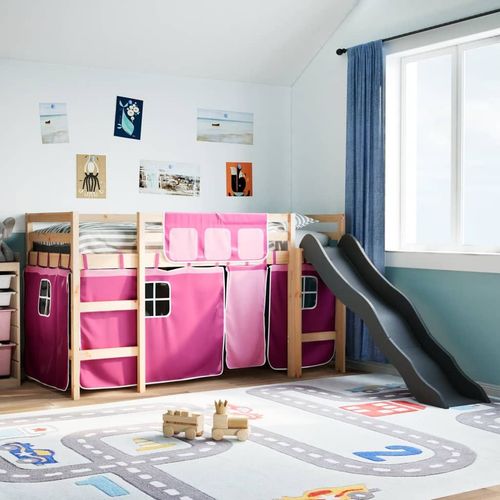 vidaXL Kids’ Loft Bed with Curtains White&Black 80x200 cm Solid Wood Pine