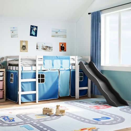 vidaXL Kids’ Loft Bed with Curtains White&Black 80x200 cm Solid Wood Pine - white and blue / 90 x 200 cm