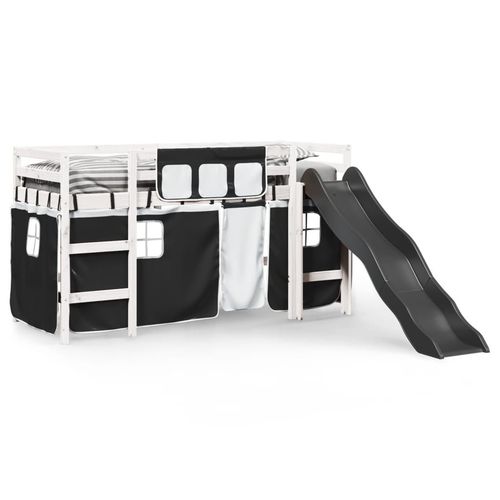 vidaXL Kids’ Loft Bed with Curtains White&Black 80x200 cm Solid Wood Pine
