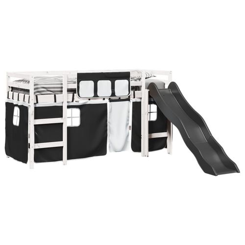 vidaXL Kids’ Loft Bed with Curtains White&Black 80x200 cm Solid Wood Pine
