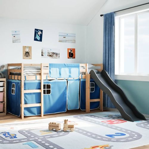 vidaXL Kids’ Loft Bed with Curtains White&Black 80x200 cm Solid Wood Pine - blue / 90 x 190 cm