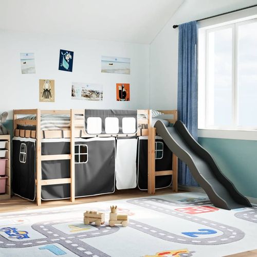 vidaXL Kids’ Loft Bed with Curtains White&Black 80x200 cm Solid Wood Pine