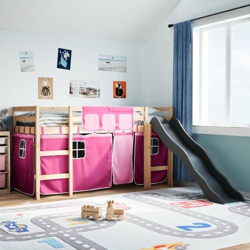 vidaXL Kids’ Loft Bed with Curtains White&Black 80x200 cm Solid Wood Pine - pink / 90 x 190 cm