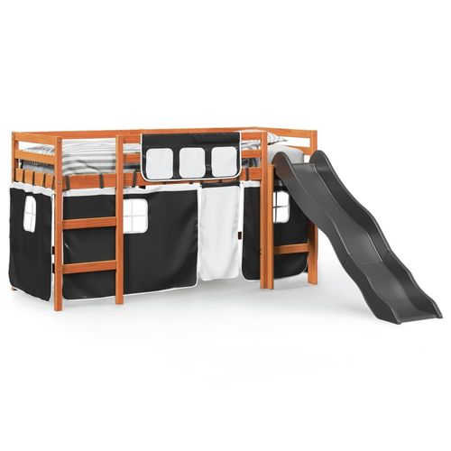 vidaXL Kids’ Loft Bed with Curtains White&Black 80x200 cm Solid Wood Pine
