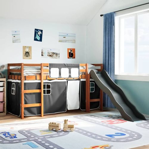 vidaXL Kids’ Loft Bed with Curtains White&Black 80x200 cm Solid Wood Pine - brown and black / 90 x 190 cm