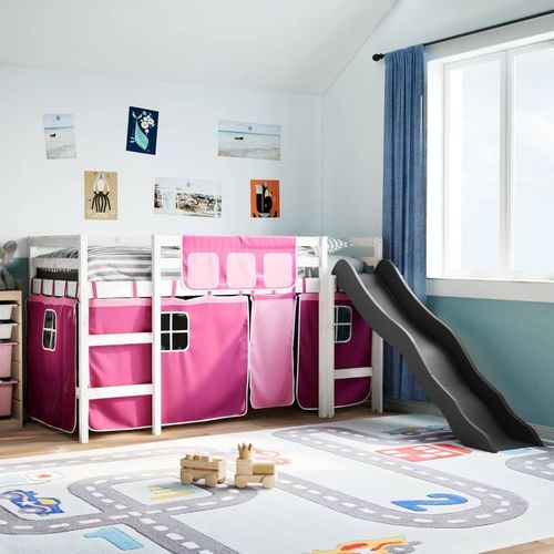 vidaXL Kids’ Loft Bed with Curtains White&Black 80x200 cm Solid Wood Pine