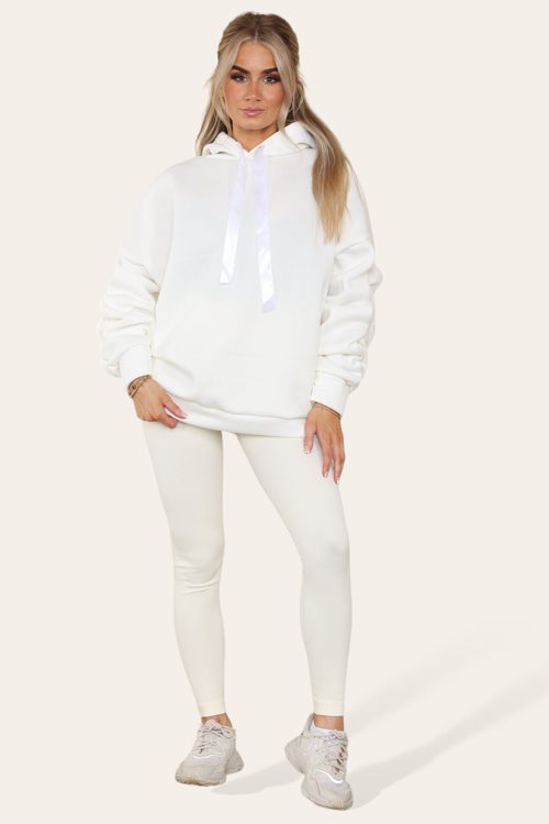Oversized Ruched Sleeves Hoodie With Satin Ribbon with High Waist High Rise Seamless Ribbed Legging Set - White