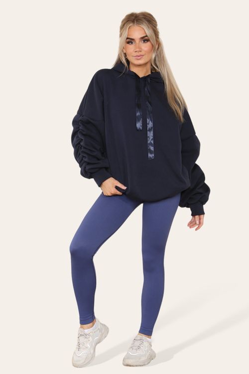 Oversized Ruched Sleeves Hoodie With Satin Ribbon with High Waist High Rise Seamless Ribbed Legging Set - Navy / O/S-M/L