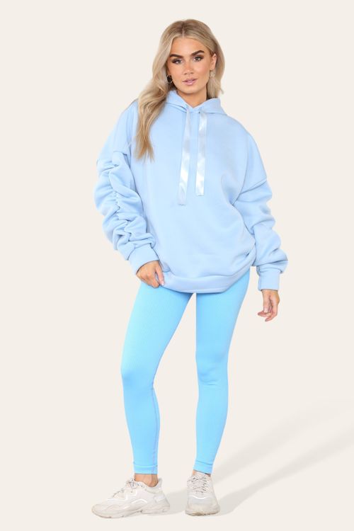 Oversized Ruched Sleeves Hoodie With Satin Ribbon with High Waist High Rise Seamless Ribbed Legging Set