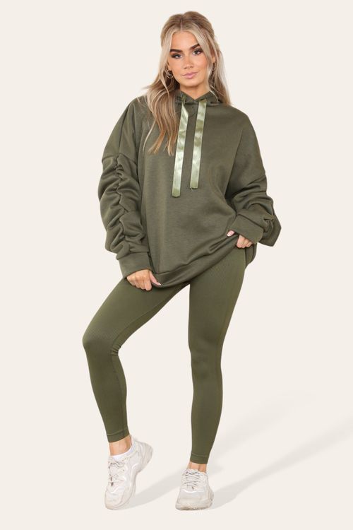 Oversized Ruched Sleeves Hoodie With Satin Ribbon with High Waist High Rise Seamless Ribbed Legging Set - Khaki