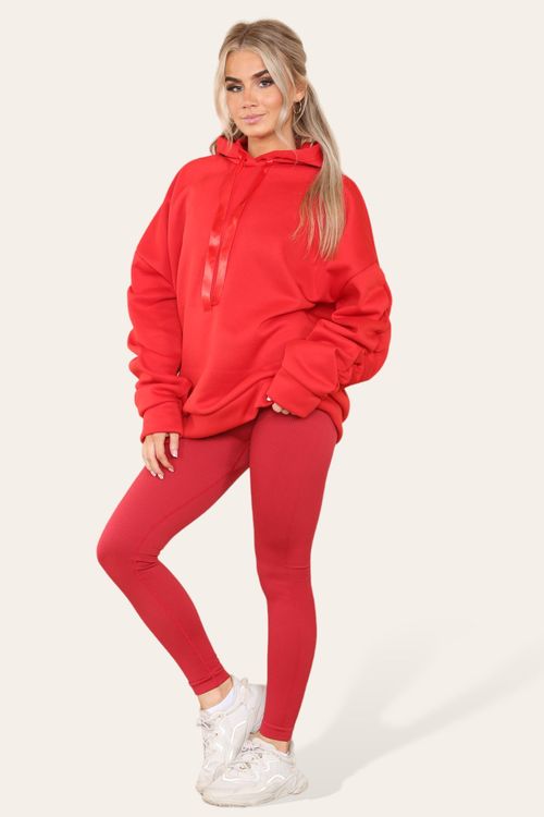 Oversized Ruched Sleeves Hoodie With Satin Ribbon with High Waist High Rise Seamless Ribbed Legging Set - Red / O/S-S/M