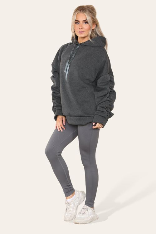 Oversized Ruched Sleeves Hoodie With Satin Ribbon with High Waist High Rise Seamless Ribbed Legging Set - Charcoal