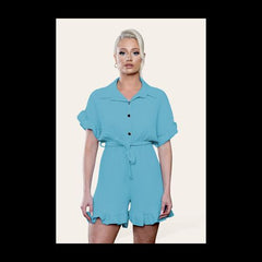 Pleated Ruffle Shirt Short Playsuit With Frill Hems - Mint