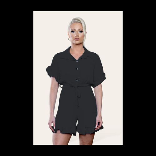 Pleated Ruffle Shirt Short Playsuit With Frill Hems - Mint