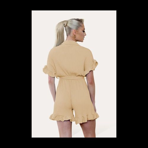 Pleated Ruffle Shirt Short Playsuit With Frill Hems - Mint