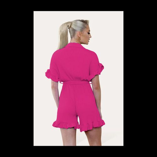 Pleated Ruffle Shirt Short Playsuit With Frill Hems - Mint