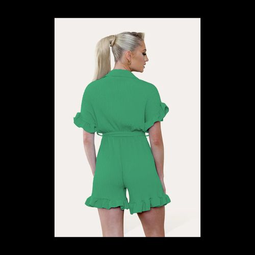 Pleated Ruffle Shirt Short Playsuit With Frill Hems - Mint