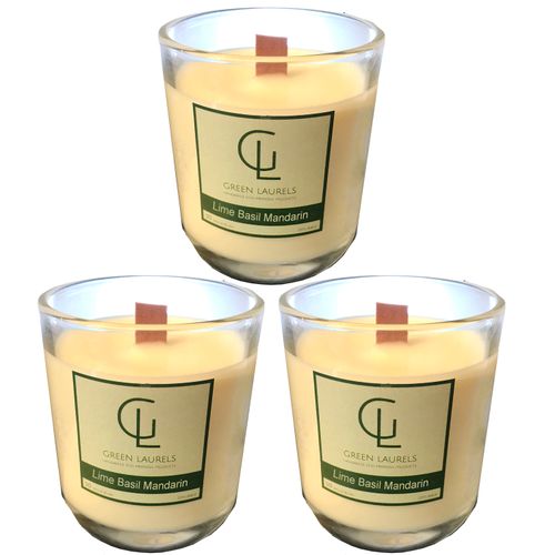 Soy Wax Premium Glass candle - Glass Candle with wooden wick Lime Basil Mandarin x3 Candles