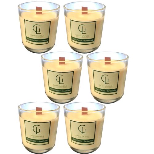 Soy Wax Premium Glass candle - Candle + wooden wick Sandalwood + Black Pepper x6 Candles