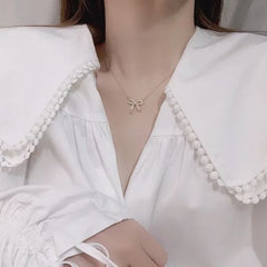 Exquisite copper inlaid zirconium sweet bow pendant necklace real gold plated sexy women prom party necklace Korean