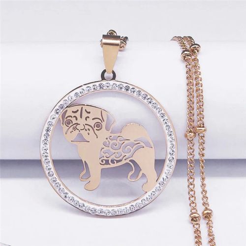 Pug Dog Stainless Steel Crystal Necklace Pendant Women Gold Color Chain Necklace Jewelry bijoux femme N133S01