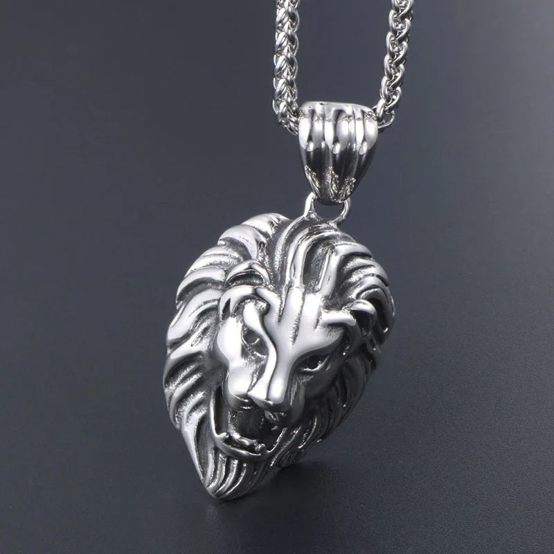 Men’s Necklace Animal Lion Head Pendant Necklace New Fashion Metal Sliding Pendant Accessories Party Jewelry - Silver