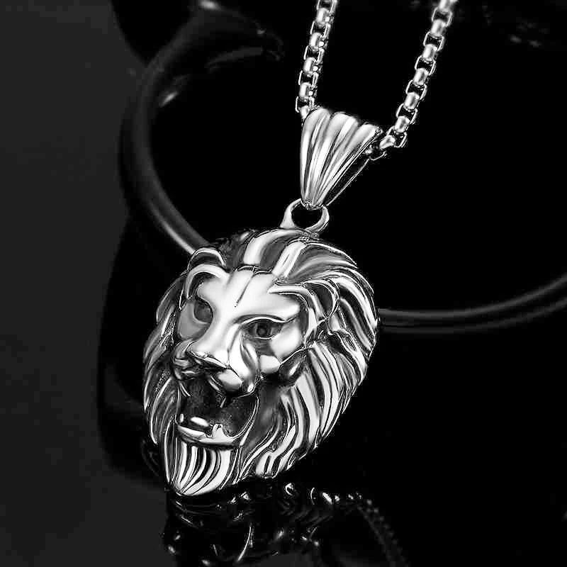 Men’s Necklace Animal Lion Head Pendant Necklace New Fashion Metal Sliding Pendant Accessories Party Jewelry - Silver