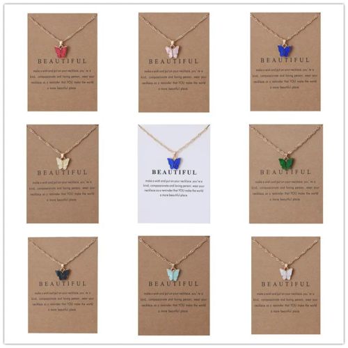 Korean Acrylic Cute Butterfly Pendant Necklace for Women Sweet animal Statement Necklace Jewelry With Gifts Card