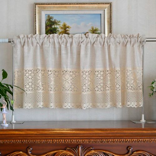 AiFish Handmade Cotton Linen Kitchen Curtains with Crochet Lace Valance